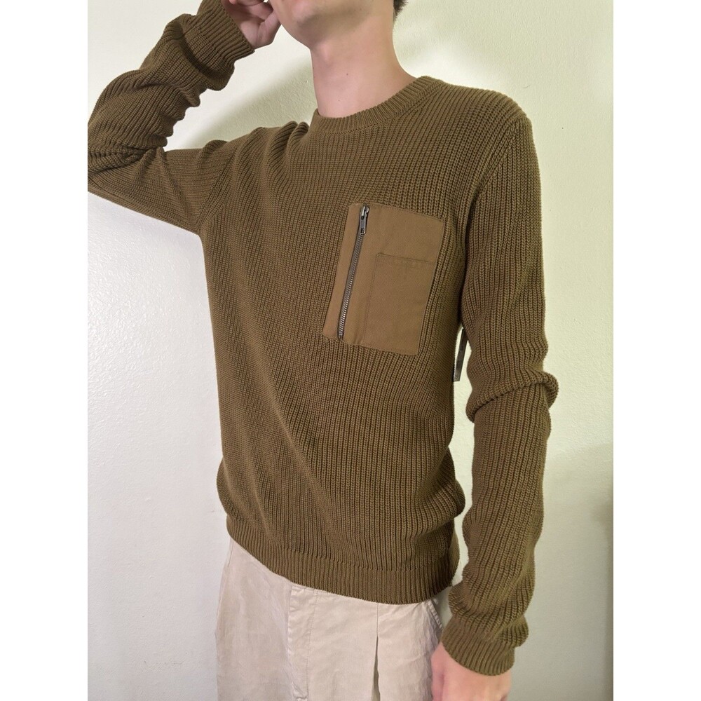 Dip Mens Medium Olive Green Sweater Crew Neck Elbow Patch Ribbed Shoulder Cotton